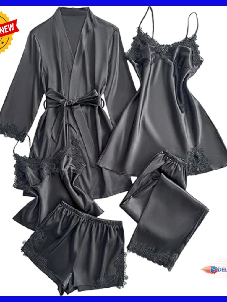 5-Piece Satin Pajama Set With Robe, Lace Trim, V-Neck Nightgown